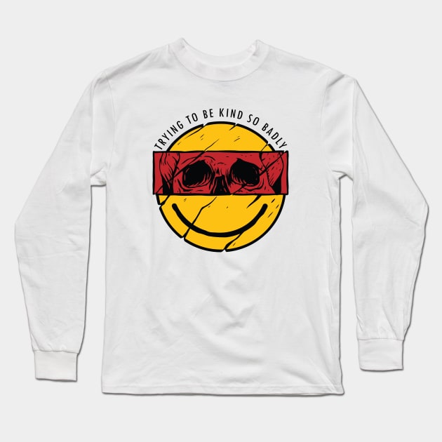 Be Kind Funny Yellow Smiley Vintage Face with Skull white shirt Long Sleeve T-Shirt by A Comic Wizard